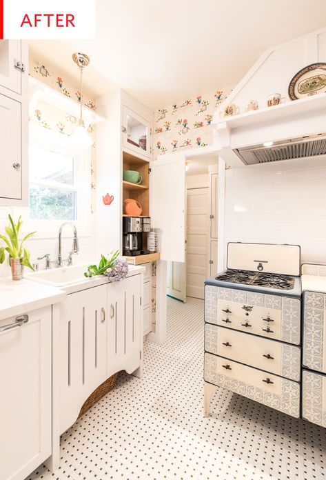 Vintage Kitchen Remodel 1930s and 1940s Decor | Apartment Therapy Short Fridge Kitchen, 1940s Decor, 1930s Kitchen, Vintage Kitchen Remodel, White Tile Backsplash, Vintage Stoves, White Backsplash, Kitchen Images, Kitchen Marble