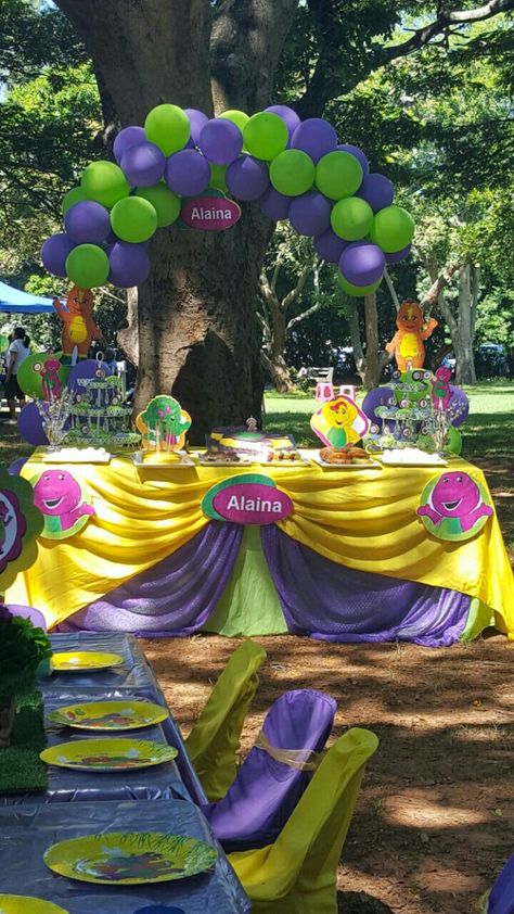 Barney Party Decorations, Barney 2nd Birthday Party, Barney The Dinosaur Birthday Party, Barney Themed Birthday Party, Barney Party Ideas, Barney Birthday Party, Barney Party, Ice Cream Birthday Party Theme, Barney Birthday