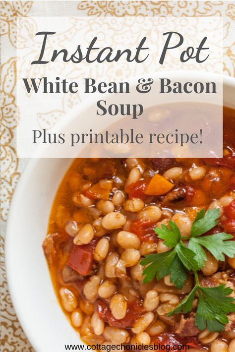 Recipe for Instant Pot White Bean and Bacon Soup. Super easy dinner recipe, great for family dinner, budget friendly. Instantly Download and Print the Recipe! Bean Bacon Soup, Pot Beans, Bean And Bacon Soup, Super Easy Dinner, Cooking Dried Beans, Homemade Chicken Stock, Bacon Soup, Scratch Recipes, Breaking Bread