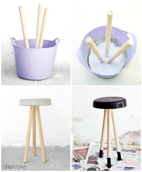 Cement Furniture Diy Ideas, Wood And Cement Diy, Bucket Stool, Diy Concrete Furniture Ideas, Diy Cement End Table, Diy Concrete Stool Cement, Meja Outdoor, Concrete Stool, Diy Stool