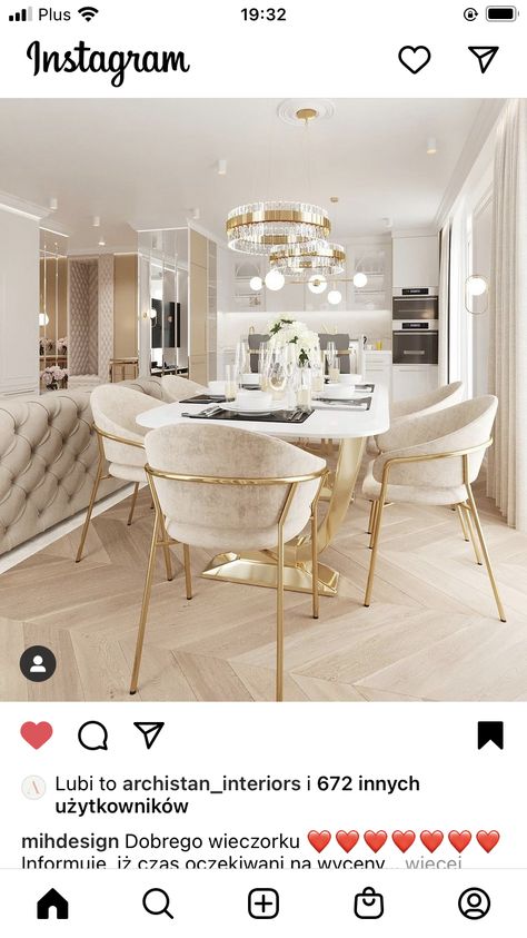 Beige And Gold Dining Room, Cream And Gold Dining Room, Beige Gold Kitchen, Dining Room Glam, Glam Dining Room, Modern Classic Living Room, Gold Dining Room, Open Living Room Design, Girl Apartment Decor