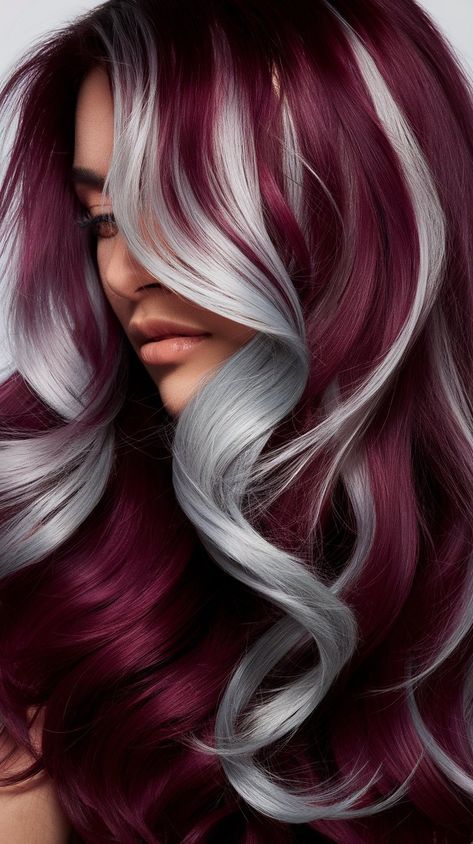 Experience chic elegance with these wavy locks featuring a stunning burgundy and silver color palette. The playful waves and contrasting colors bring a modern twist to classic hairstyles, making it ideal for both everyday wear and special occasions. #hairstyle #haircolor #wavyhair #burgundy #haircut #hairinspo #fallhair Red And Silver Hair Color Ideas, Burgundy Haircut, Maroon Hair With Highlights, Cherry Red And Blonde Hair, Burgundy Lowlights In Blonde Hair, Burgundy Blonde Balayage, Red And White Hair Color, Blonde With Burgundy Underneath, Grey Red Hair