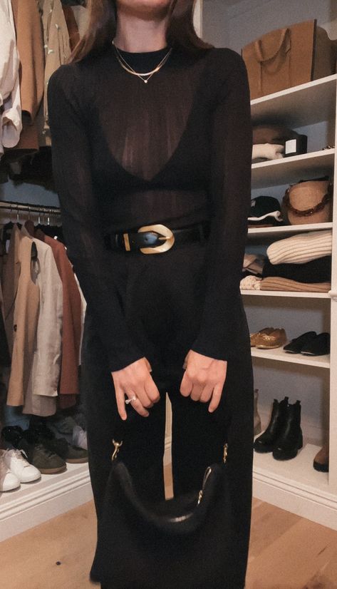 Black Trouser Going Out Outfit, How To Dress Down Trousers, Long Sleeve Black Dress Outfit Casual, Long Sleeve Sheer Top Outfit, Sheer Turtleneck Outfit, Sheer Top Outfit Night, Autumn Night Out Outfit, Sheer Top Outfit Classy, Sheer Long Sleeve Top Outfit