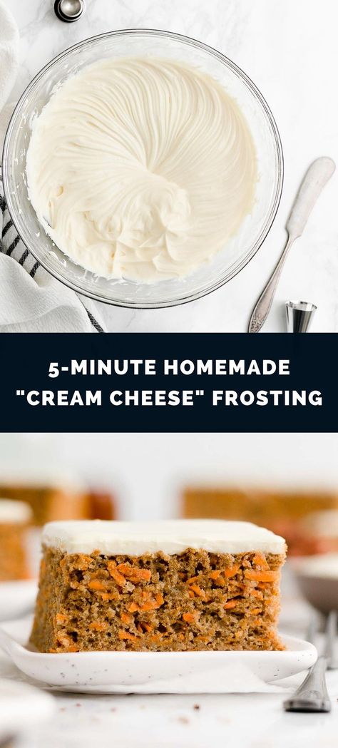 Here’s how to make cream cheese frosting without cream cheese! It’s a SUPER easy recipe. You only need 5 minutes to make it — and NO butter or powdered sugar! It’s smooth, creamy, and perfect for frosting cakes, cupcakes, cookies & more. I’m obsessed!! (Secretly high protein, sugar free & low calorie too!) Low Calorie Frosting Recipe, Frosting Without Cream Cheese, Low Sugar Frosting, Carrot Cake Icing, Healthy Cream Cheese Frosting, Carrot Cake Frosting, Healthy Frosting, Cream Filling Recipe, Low Calorie Cake