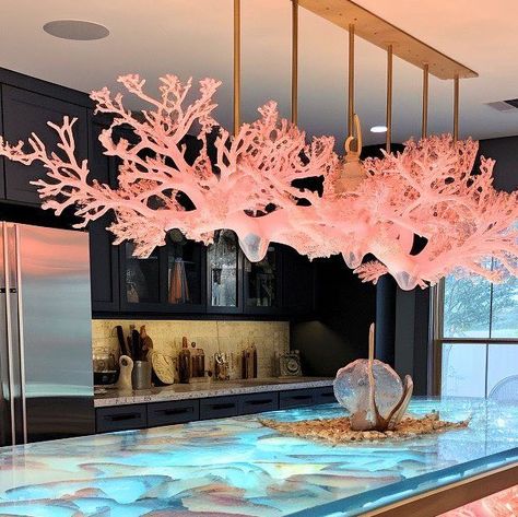 Vishma Maharaj on Instagram: "Mermaid 🧜🏽‍♀️ Kitchen Design #coral #ocean #kitchendesign #architecture #mermaid #oceanvibes🌊 #design" Coral Light Fixture, Mermaid Kitchen Decor, Champagne Poetry, Mermaid Kitchen, Vishma Maharaj, Mermaid House, Content Branding, Coral Ocean, Mermaid Core