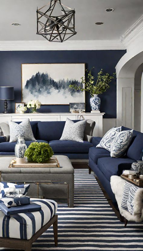 Navy and Grey Living Room Grey And Navy Living Room, Navy And Grey Living Room, Navy Living Room, Blue Couch Living, Blue Sofa Living, Blue Sofas Living Room, Navy Living, Navy Living Rooms, Blue And White Living Room