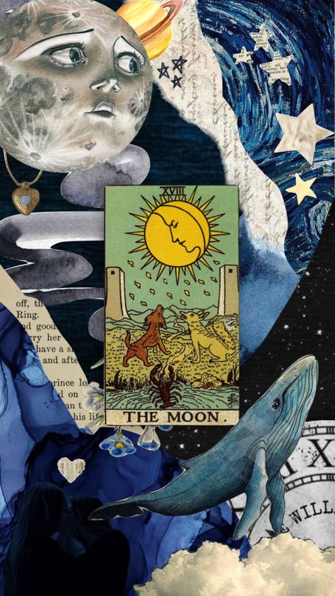 Tarot Collage Art, Moon Tarot Card Aesthetic, Tarot Aesthetic Wallpaper, Esoteric Aesthetic, Moodboard Blue, Occult Decor, Collage Moodboard, The Moon Tarot Card, The Moon Tarot