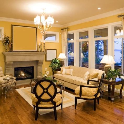 Hello, Yellow: 5 Ideas to Brighten a Room Enclosed Fireplace, Shades Of Yellow Color, Brighten Room, Small Living Room Design, Formal Living Room, Yellow Room, Yellow Living Room, Yellow Wall, Lounge Design