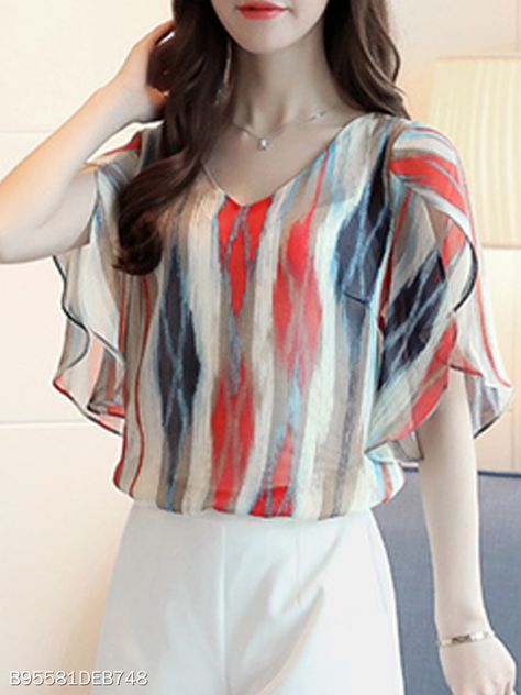 Cheap Womens Tops, Women Chiffon Blouse, Chiffon Blouses, Rock Outfit, Petal Sleeve, Sleeves Designs For Dresses, Summer Color, Moda Plus, Designs For Dresses