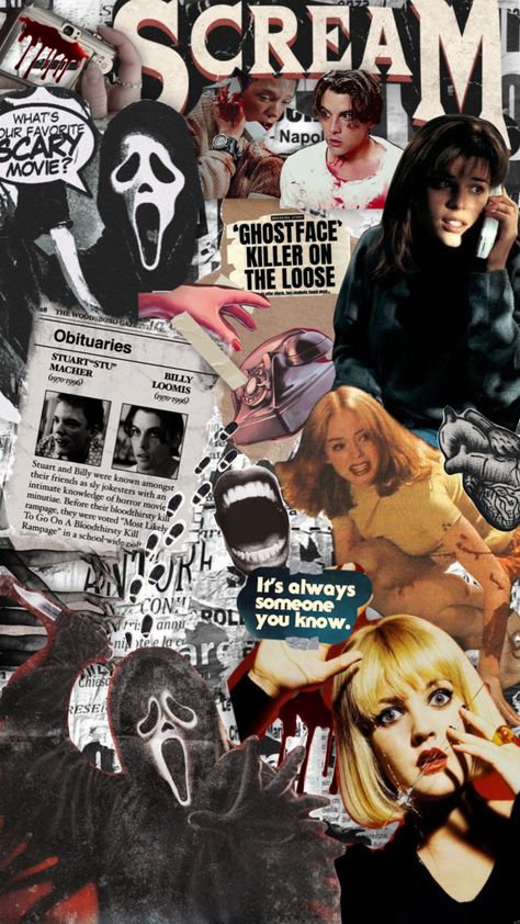 Scream Movie Pictures, Scream Collage Wallpaper, Ghost Face Collage, Horror Movie Collage Wallpaper, Scary Movie Collage, Ghostface Collage, Scream 1996 Wallpaper, Wallpapers Scream, Halloween Laptop Backgrounds