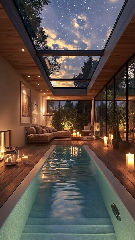 Swimming Pool In Garden, Luxurious Indoor Pool, Indoor Pool With Gym, In Home Pool, Holiday Home Aesthetic, Indoor To Outdoor Pool, Private Indoor Pool, Indoor Pool In House, Indoor Pool With Garage Doors