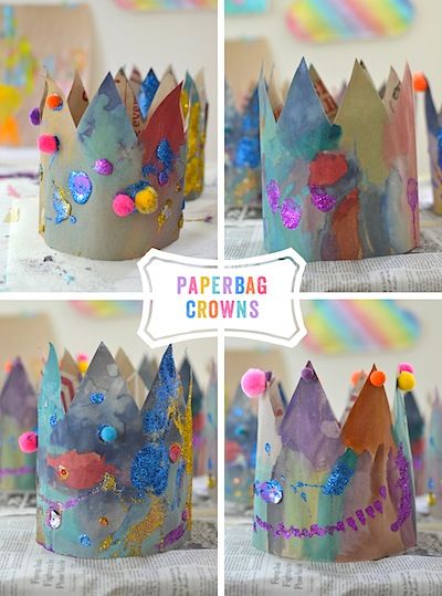 Paper bag crowns for FAIRY TALE or STORY BOOK theme. Fairy Tales Preschool, Paper Bag Princess, Fairy Tale Activities, Fairy Tale Crafts, Princess Crafts, Paper Bag Crafts, Fairy Tale Theme, Crown For Kids, Fairytale Nursery