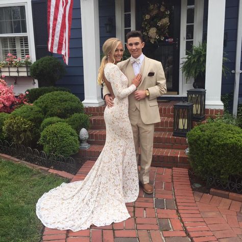 Beige Prom Suit, White Prom Dress Couple, Tan Prom Suits, Tan Prom Dress, Tux Prom, Prom Dress With Train, Prom Dance, Prom Goals, Black Suit Wedding