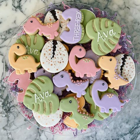 Pink Dinosaur Cookies, 2 Rex Birthday Party Girl, Three Rex Birthday Party Girl Food, Baby Girl Dinosaur Baby Shower Ideas, Two Rex Birthday Party Girl, Third Birthday Theme Ideas, Three Rex Cookies, Dinosaur Cake Girly, Three Rex Birthday Party Girl