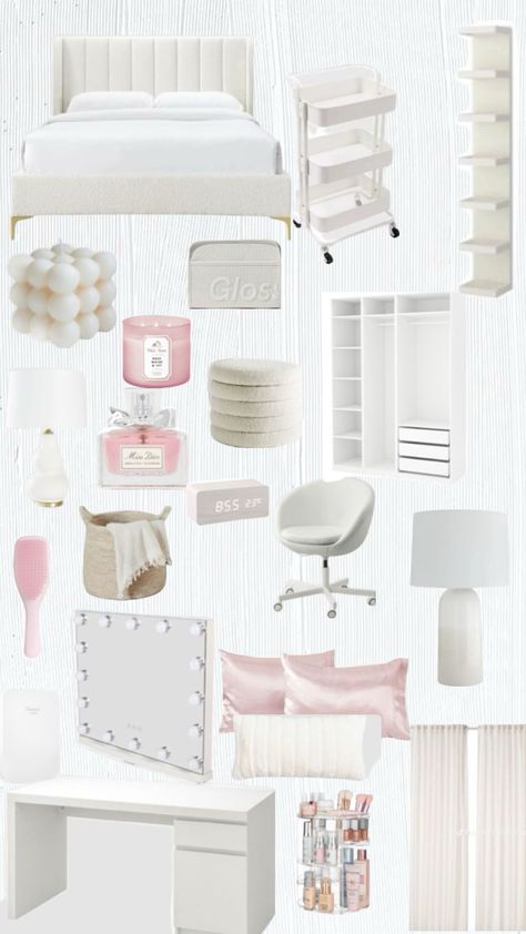 Aesthetic Bedroom Mood Board, Aesthetic Room For Girl, Designer Aesthetic Bedroom, Clean Cute Room, White Aesthetic Room Bedrooms, Estetik Room Ideas, Pink And White Room Inspiration, Pink Room Decor Of Your Dreams, Room Inspo Collage