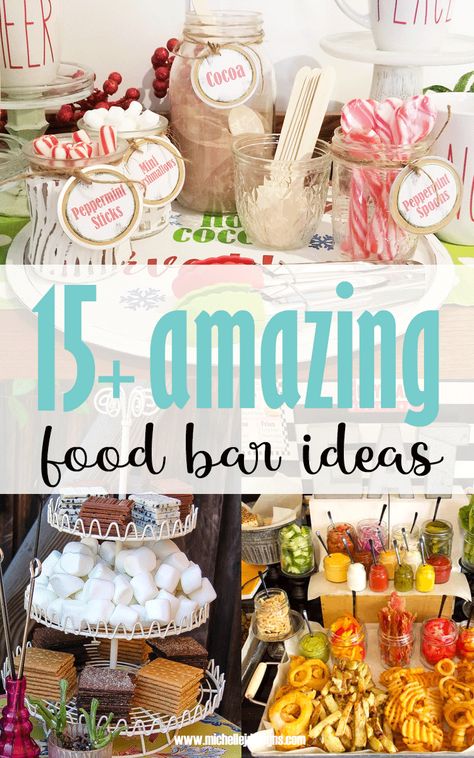 15+ Amazing Food Bar Ideas for Your Reception or Event - Michelle James Designs Sweet And Salty Bar Ideas, Easy Snack Bar Ideas, Party Dessert Bar Ideas, Types Of Food Bars Party Ideas, Teacher Food Bar Ideas, 70th Birthday Party Food Ideas, Easy Food Bar Ideas, Make Your Own Food Bar Ideas, Wedding Reception Snack Bar Ideas