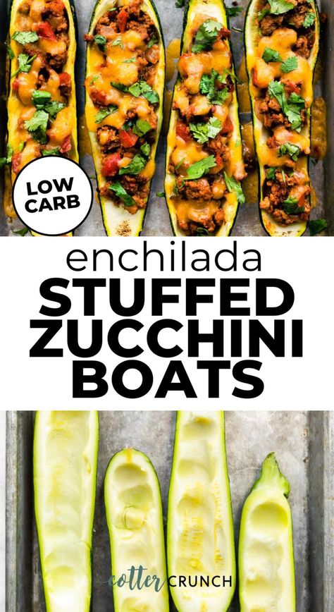 Low carb, easy to make, and full of flavor, these Enchilada Stuffed Zucchini Boats will be your new weeknight go-to! Enchilada Stuffed Zucchini Boats, Keto Suppers, Zucchini In The Oven, Zucchini Boat, Happy Brain, Zucchini Enchiladas, Low Carb Enchiladas, Gluten Free Entrees, Zucchini Boat Recipes