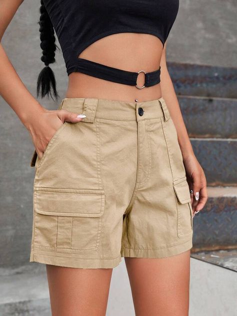 Shorts con bolsillo con solapa cargo | SHEIN USA Cargo Shorts Women, Disney Bounding, Work Shorts, Track Shorts, Style Noir, Women Cargos, Plus Size Maxi Dresses, Grey Fashion, Work Casual