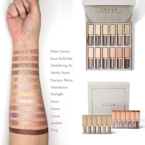 Stila, Starry-Eyed Liquid Eye Shadow Vault via @hotfire.makeup Stila Liquid Eyeshadow Swatches, Stilla Liquid Eyeshadow, Stila Glitter Eyeshadow, Pastel Eyeshadow Palette, Stila Liquid Eyeshadow, Wedding Lipstick, Makeup Shopping List, Liquid Eye Shadow, Stila Cosmetics