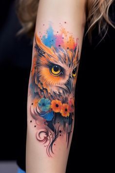 Viking Owl Tattoo Design, Owl Tattoo Designs For Women, Owl Tats For Women, Colored Animal Tattoos, Owl Tattoo Colorful, Purple Owl Tattoo, Colorful Owl Tattoos For Women, Owl Tattoo For Women Back, Feminine Owl Tattoo Ideas