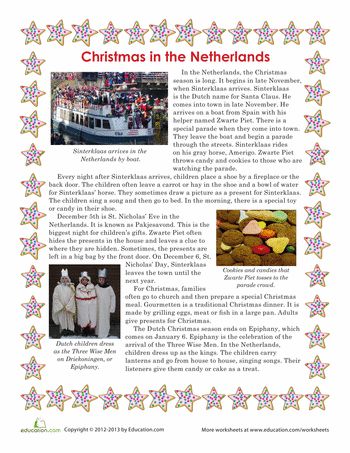 Christmas In Netherlands, Christmas In The Netherlands, Christmas In Holland, Geography Kids, Christmas Reading Comprehension, Easter History, Seasons Worksheets, Christmas Units, English Christmas