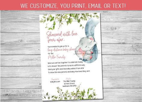 Girl Baby Shower By Mail Invitation Printable | Elephant Baby Shower by Mail Invitation | Long Distance Baby Shower Invitation | Girl Shower by PrettyPrintablesInk on Etsy Long Distance Baby Shower Invitations, New Baby Wishes, Baby Shower By Mail Invitation, Shower By Mail Invitation, Baby Shower By Mail, Online Baby Shower, Shower By Mail, Virtual Baby Shower Invitation, Virtual Boy