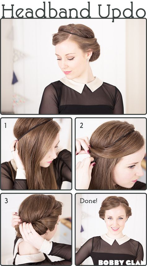 10 Party Up Do's for Medium Length Hair - Headband updo for a vintage-inspired style Updo With Headband, Easy Hairstyle, Hair Tutorials Easy, Penteado Cabelo Curto, Hair Updo, Hair Dos, Hair Updos, Diy Hairstyles, Up Hairstyles