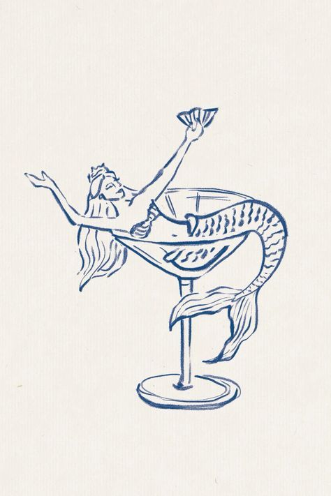 Martini Tattoo Design, Whimsical Mermaid Tattoo, Indigo Tattoo, Tatted Angel, Butter Illustration, Cowgirl Mermaid, Vintage Mermaid Tattoo, Mermaid Mural, Barbie Tattoo