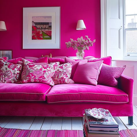 Hot Pink Sofa Living Room, Hot Pink Walls Living Room, Hot Pink Sofa Living Room Ideas, Hot Pink Couch, Hot Pink Living Room, Pink Sofa Living Room Ideas, Hot Pink Sofa, Pink Living Room Walls, Girly Living Room Ideas