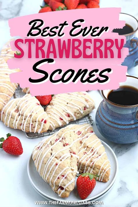 Impress your family with homemade baked goods that they can have for breakfast or a snack. This Strawberry Scones recipe is fun to make and will stay fresh for several days. These fresh-baked scones are soft, flaky and bursting with juicy strawberries! This is also a great freezer friendly recipe. Bake a batch of these fresh strawberry scones and freeze to enjoy at a later time. Rhubarb Scones Recipe, Strawberry Rhubarb Scones, Strawberry Scones Recipe, Strawberry Cheesecake Parfaits, Rhubarb Oatmeal, Rhubarb Scones, Baked Scones, Vegetable Farm, Strawberry Scones