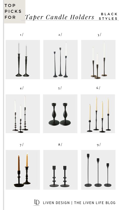 Black Candlesticks On Mantle, Candlesticks On Dining Table, Tall Black Candle Holders, Black Taper Candle Holders, Mantle Candlesticks, Diy Taper Candle Holders, Gold Taper Candle Holders, Black Candlestick Holders, Gold Taper Candles