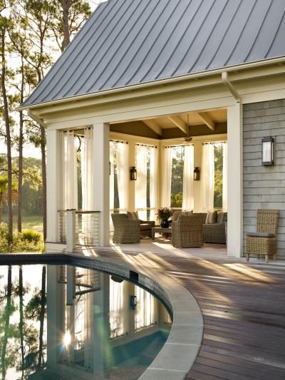 Barndominium Porch, Outdoor Drapes, Pool Outdoor, Metal Barn, Building Homes, Barn Homes, Pole Barn, Style At Home, Outdoor Rooms