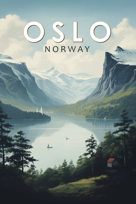 Retro-style poster featuring a picturesque view of Oslo, Norway, perfect for adding a vintage flair to home decor. Norway Countryside, Retro Places, Oslo Norway Travel, Norway Poster, Oslo Travel, Landscape Posters, Norway Fjords, Space Pattern, Old Advertisements