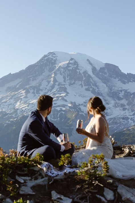 A magical sunset hiking elopement in Mt. Rainier National Park. Planning for a hiking elopement at Mt. Rainier in early July can be risky (there can still be a lot of snow), but MRNP pulled out all the stops for Samantha and Jay! Clear skies, warm temps, a golden sunset, wild flowers, and even a bucket list wildlife encounter with a Mountain Goat! Follow for more Mt. Rainier National Park elopements, hiking elopements, mountain elopements, and sunset elopements. Mt Rainier Elopement, Montana Photoshoot, Baker Photoshoot, Wildflower Elopement, Eloped Wedding, Hiking Ideas, Pnw Elopement, Magical Sunset, Hiking Elopement