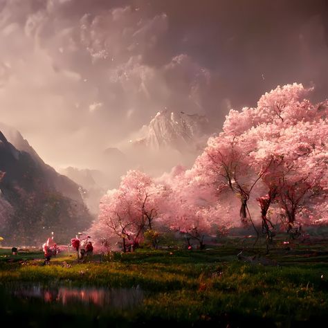 This landscape shows beautiful japanese pink sakura cherry blossom trees, atmospheric mountains in the background and a colorful and romantic flower field. There is also a little river in the foreground. Japanese Pink, Cherry Blossom Trees, Pink Sakura, Trees Landscape, Japanese Sakura, Pink Painting, Sakura Cherry Blossom, Romantic Flowers, Concept Art Drawing