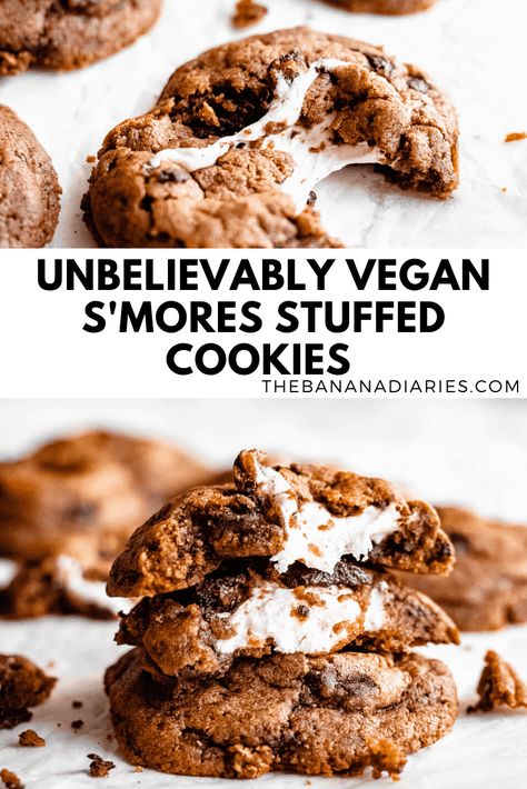 Cookies Smores, Vegan Smores, Melted Marshmallow, Banana Diaries, S Mores Cookies, Stuffed Cookies, Vegan Baking Recipes, Vegan Cookies Recipes, Smores Cookies