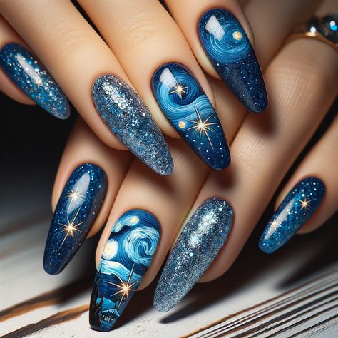 A close-up of blue nails showcasing a starry night design with shimmering silver glitter accents, perfect for New Year's celebrations. Starry Night Nails, Starry Nails, Mind Blowing Images, Blue Nail Designs, Night Blue, New Year's Nails, Color Crush, Senior Prom, Nail Art Inspiration