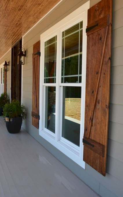 Front Porch Remodel, Wood Shutters Exterior, Farmhouse Style Exterior, Window Shutters Exterior, Farmhouse Shutters, Diy Exterior, Rustic Shutters, Shutter Colors, Glass Railings