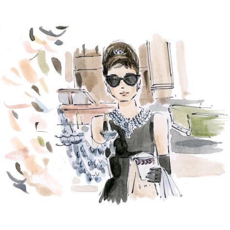 Riley Sheehey watercolor, Breakfast at Tiffany's Audrey Hepburn Illustration, Watercolor Breakfast, Riley Sheehey, Art Is Dead, Tiffany Art, Breakfast At Tiffany's, Fashion Wallpaper, Breakfast At Tiffanys, Art Collage Wall