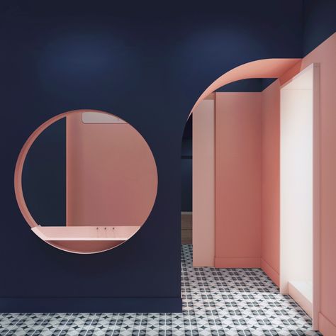 Interiors That Use Colour Blocking To Segment Space Design Studio Ideas, Colour Blocking Interior, Fashion Design Studio, Arch Doorway, Latest Interior Design, Mirror On The Wall, Colour Blocking, Studio Ideas, Design Del Prodotto