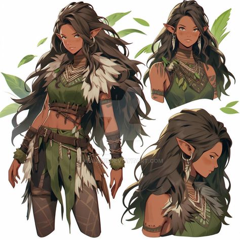 Earth Elf Costume, Fantasy Islander Clothing, Wood Elf Clothes, Fantasy Forest Clothing, Elf Clothes Fantasy Outfit Drawing, Wood Elf Character Design, Wood Elf Druid Female, Jungle Elf, Dnd Builds