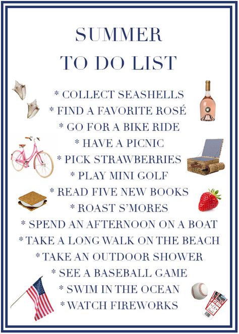 July Bucket List, To Do List Design, Blue And White Home Decor, Toddler Boy Style, Collecting Seashells, Blue And White Home, Watching Fireworks, Buying House, Summer To Do List