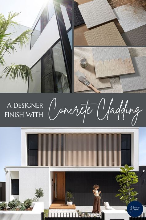 Images of a house using concrete cladding and examples of what the panels look like. Brushed Concrete, External Render, Concrete Cladding, Building Material, Modern Homes, Building Materials, Modern House, New Homes, Things To Come