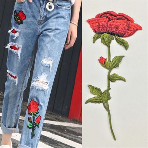 DIY Rose embroidered jeans Patches Clothes, Rose Embroidered Jeans, Rose Patch, Diy Clothes And Shoes, Patches Shirt, Diy Roses, Applique Patches, Red Rose Flower, Clothes Diy