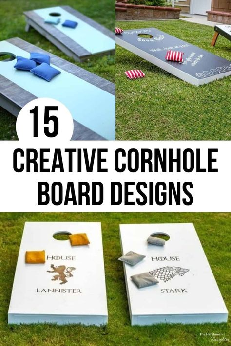 Creative Cornhole Boards Designs, Easy Cornhole Designs, Portable Cornhole Boards Diy, Creative Corn Hole Boards, Designs For Cornhole Boards, Cricut Cornhole Boards Diy, Simple Corn Hole Board Designs, Corn Hole Board Ideas Design, Cornhole Board Ideas Design