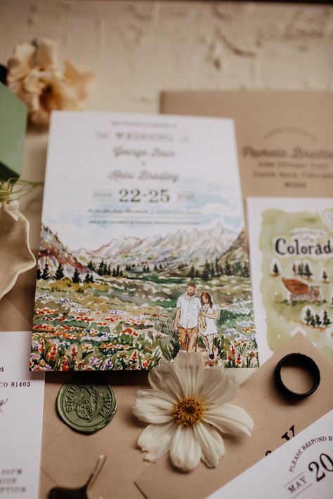 Diy Watercolor Wedding Invitations, Watercolor Invitations Birthday, Watercolor Art Wedding Invitation, Mountain Wedding Invitation Suite, Hiking Wedding Invitations, Mountain Invitations Wedding, Wedding Invitations Mountains, Wedding In Mountains, Wedding Card Watercolor