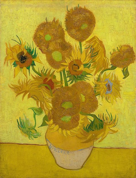 Vincent van Gogh “Sunflowers” (1888) (via Wikimedia) Vase With Fifteen Sunflowers, Vincent Willem Van Gogh, Van Gogh Sunflowers, Arte Van Gogh, Van Gogh Museum, Van Gogh Paintings, Homeschool Art, Paul Gauguin, Sunflower Painting