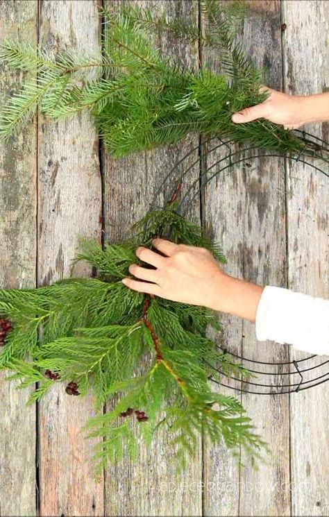 Christmas Wreaths Diy Evergreen, Christmas Greenery Wreath, Flower Decoration Ideas, Natural Christmas Wreaths, Outdoor Christmas Wreaths, Fresh Christmas Wreath, Cedar Wreath, Handmade Christmas Wreaths, Fresh Wreath