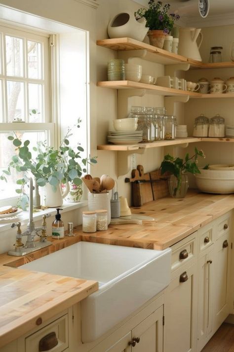 Embrace rustic charm and cozy efficiency with cottage kitchen ideas. Click here to see more inspiration. Kitchen Reno Ideas Farmhouse, Cosy Cottage Kitchen Ideas, Rustic English Kitchen, Old Country Farmhouse Kitchen, Rustic English Country Kitchen, Small Country Style Kitchen, Cottage Feel Kitchen, Rustic Cottage Home Decor, Classic Cottage Kitchen