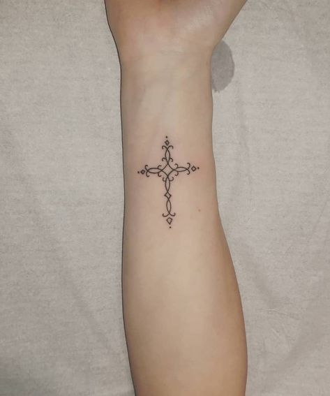 Tattoo Ideas Female Crosses, Unique Cross Design, Cross Bird Tattoo, Simple Irish Tattoos For Women, Irish Cross Tattoo For Women, Crucifix Tattoo For Women, Cross Tattoo Traditional, Cross Tattoos For Women On Hand, Ornamental Cross Tattoo